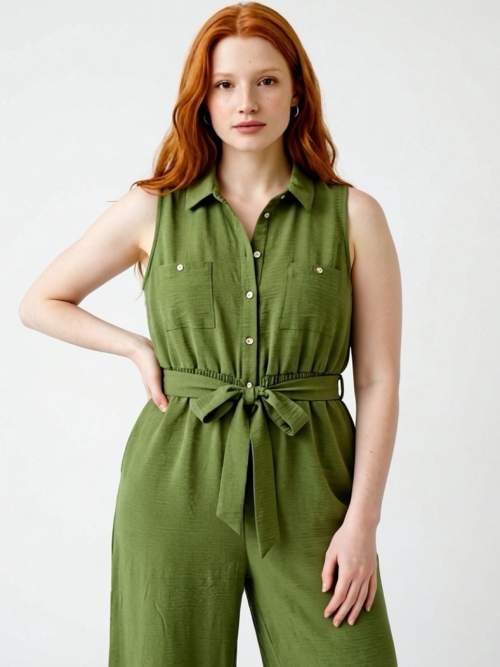 NAIF Olive Green Sleeveless Belted Jumpsuit